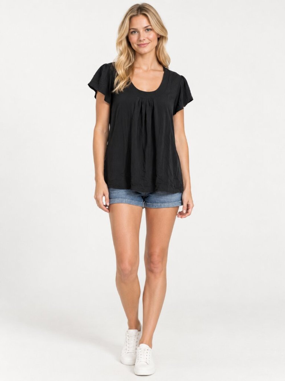 2/$30 Lands' End Pleated Scoop Neck Blouse Short Sleeve Black 34W #A4263